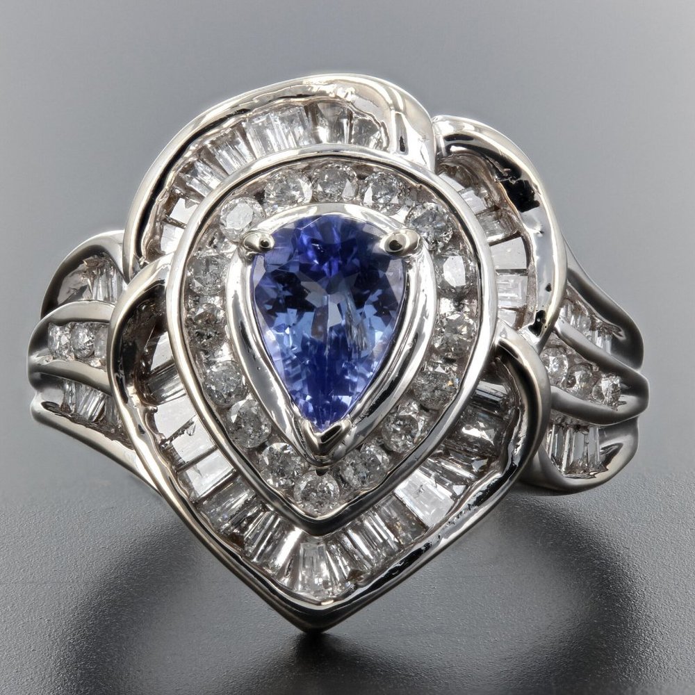 14k White Gold Pear-cut Tanzanite and Baguette Diamond Cocktail Ring